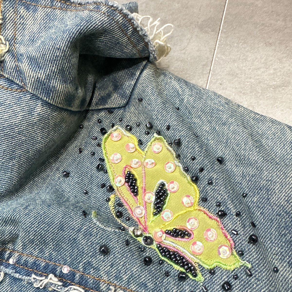 Beaded Butterfly Denim Blazer