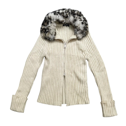 Removable Fur Collar Zip Up Knit Cardigan