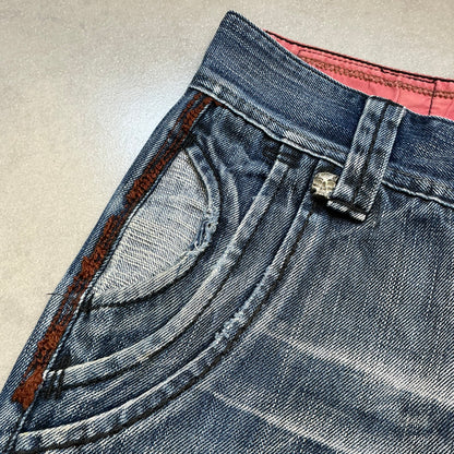 TOUCH Jeansmith Distressed Denim 9/10 Length Pants with 3D Pocket & Red Waistband