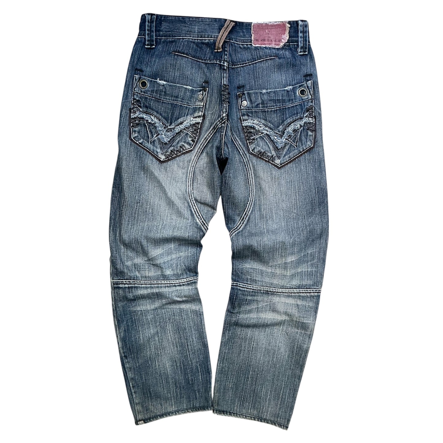 TOUCH Jeansmith Distressed Denim 9/10 Length Pants with 3D Pocket & Red Waistband