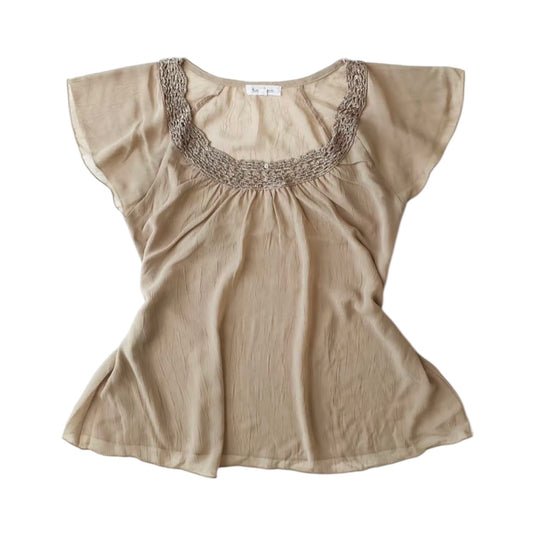 Knit Trim Mesh Short Sleeves Top