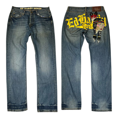 Ed Hardy 00s Native American Maiden Embroidered Straight Jeans