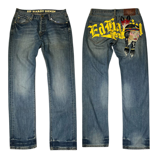 Ed Hardy 00s Native American Maiden Embroidered Straight Jeans