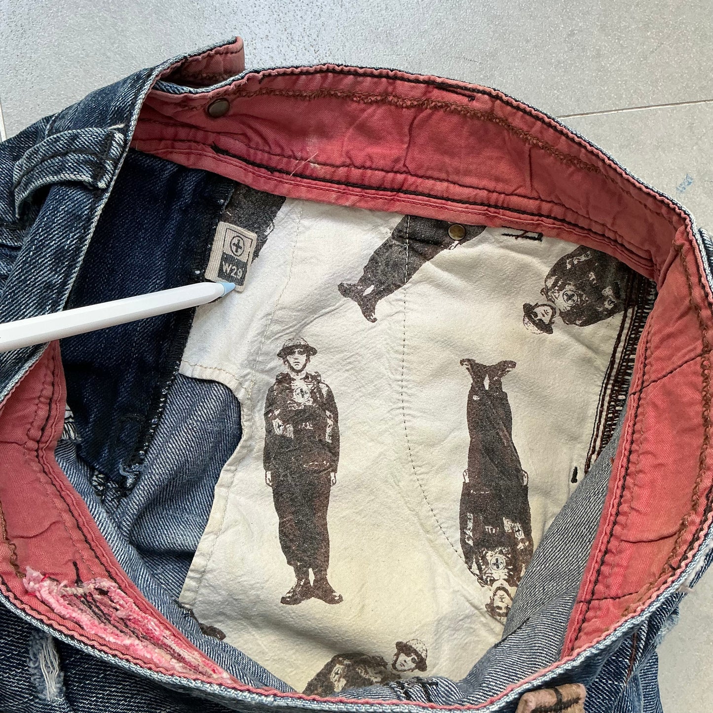 TOUCH Jeansmith Distressed Denim 9/10 Length Pants with 3D Pocket & Red Waistband