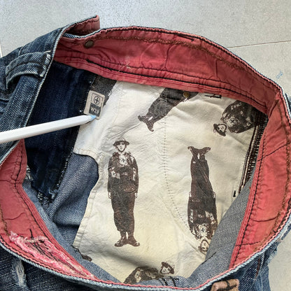 TOUCH Jeansmith Distressed Denim 9/10 Length Pants with 3D Pocket & Red Waistband