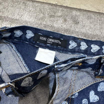 1990s Ozone Community Distressed Heart Print Denim Maxi Skirt