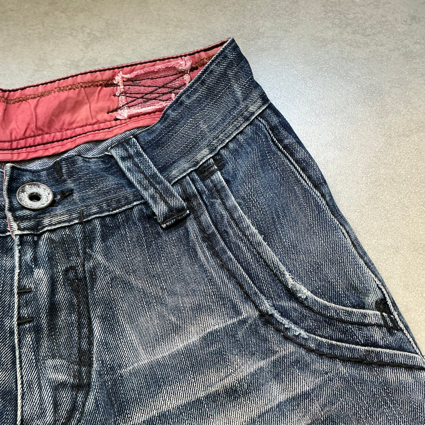 TOUCH Jeansmith Distressed Denim 9/10 Length Pants with 3D Pocket & Red Waistband
