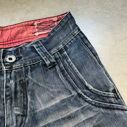 TOUCH Jeansmith Distressed Denim 9/10 Length Pants with 3D Pocket & Red Waistband