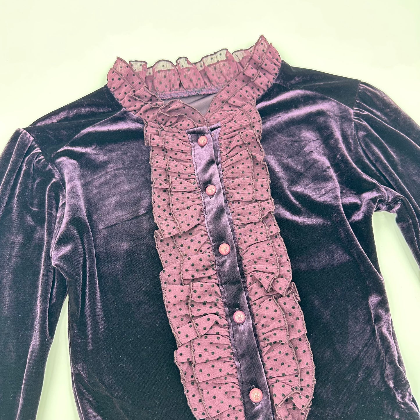 Polka Dot Ruffle Trim Velvet Shirt