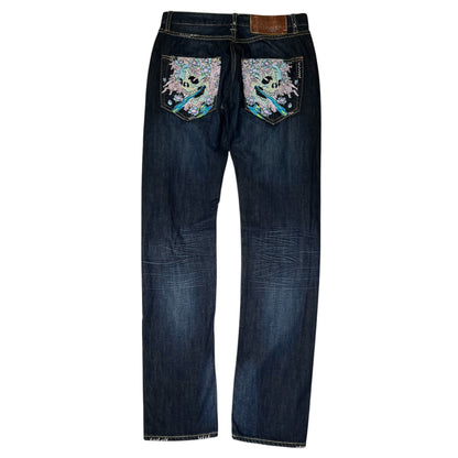 00s Ed Hardy Sakura Skull Embroidered Baggy Jeans
