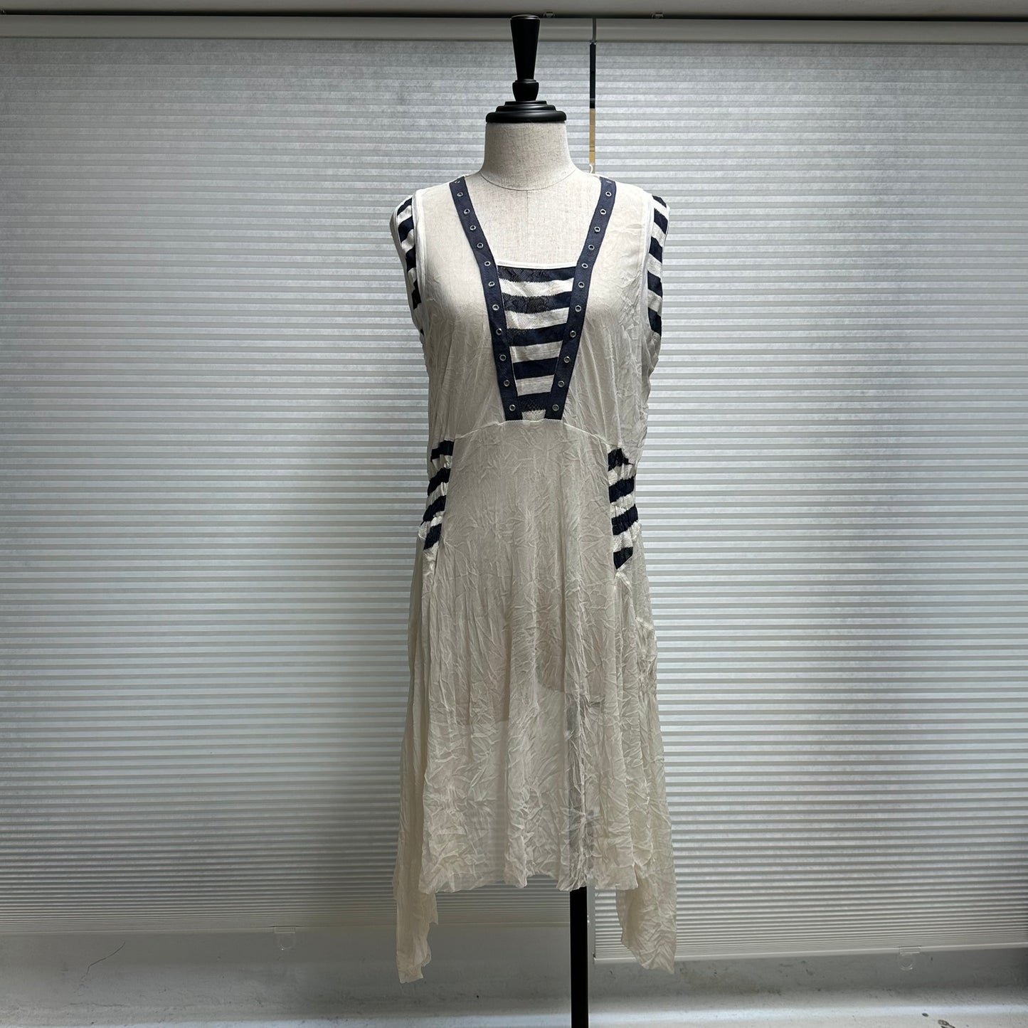 Striped Panel Eyelet Detail Asymmetrical Hem Dress