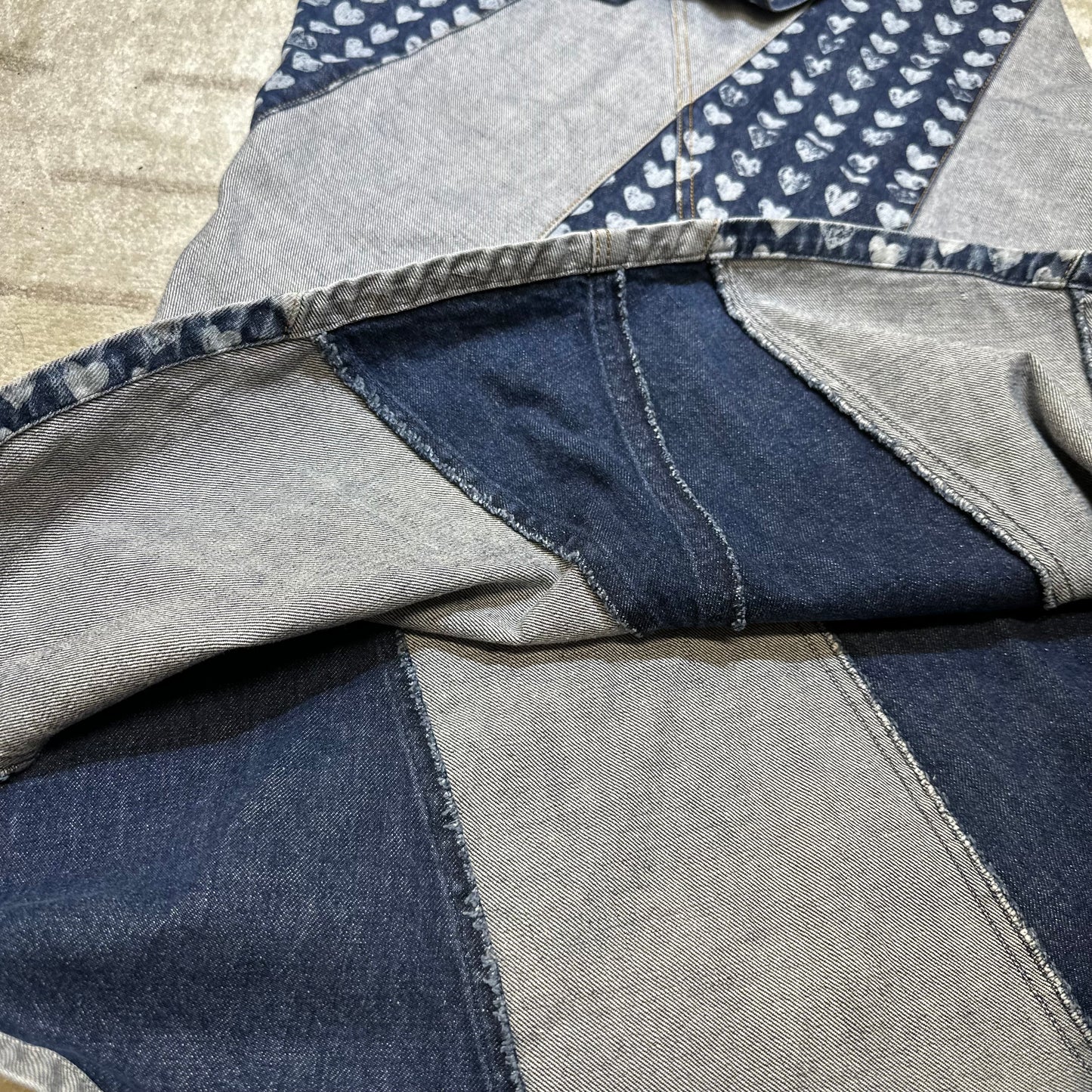 1990s Ozone Community Distressed Heart Print Denim Maxi Skirt