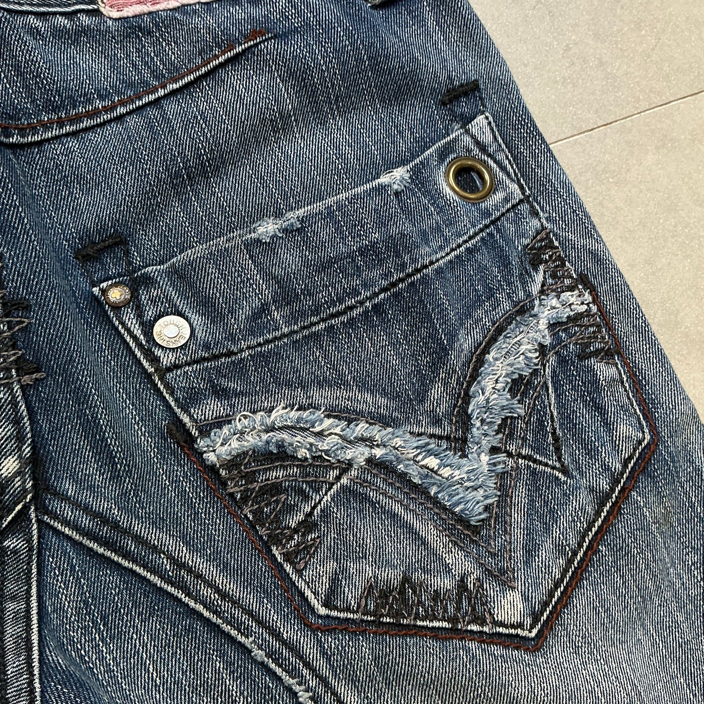 TOUCH Jeansmith Distressed Denim 9/10 Length Pants with 3D Pocket & Red Waistband