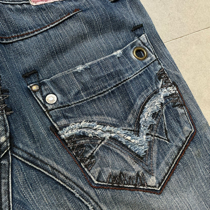 TOUCH Jeansmith Distressed Denim 9/10 Length Pants with 3D Pocket & Red Waistband