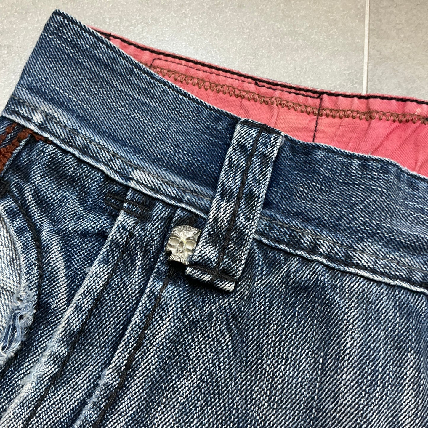 TOUCH Jeansmith Distressed Denim 9/10 Length Pants with 3D Pocket & Red Waistband