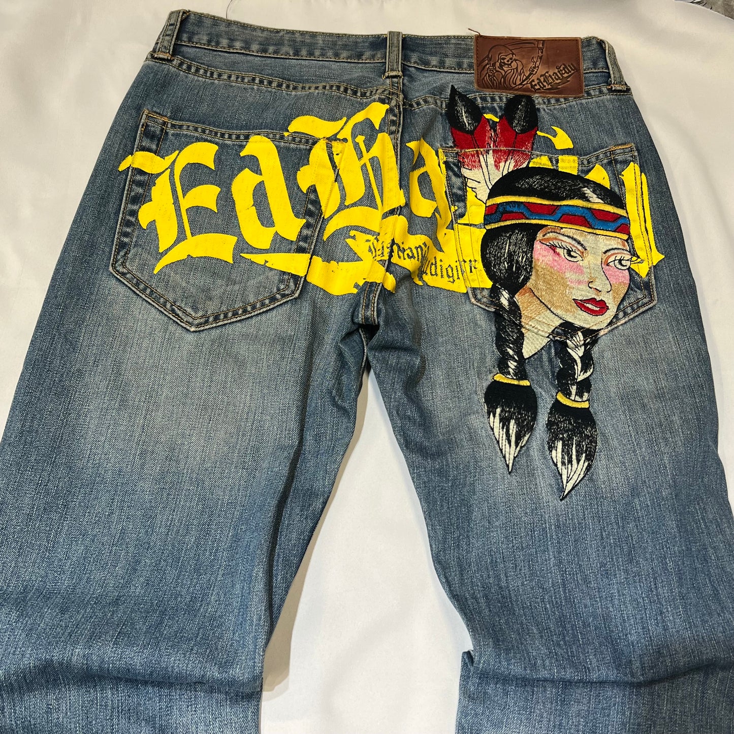 Ed Hardy 00s Native American Maiden Embroidered Straight Jeans