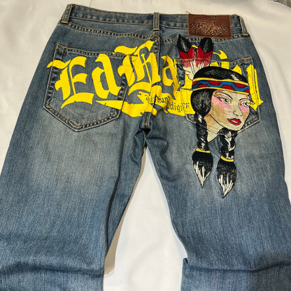 Ed Hardy 00s Native American Maiden Embroidered Straight Jeans