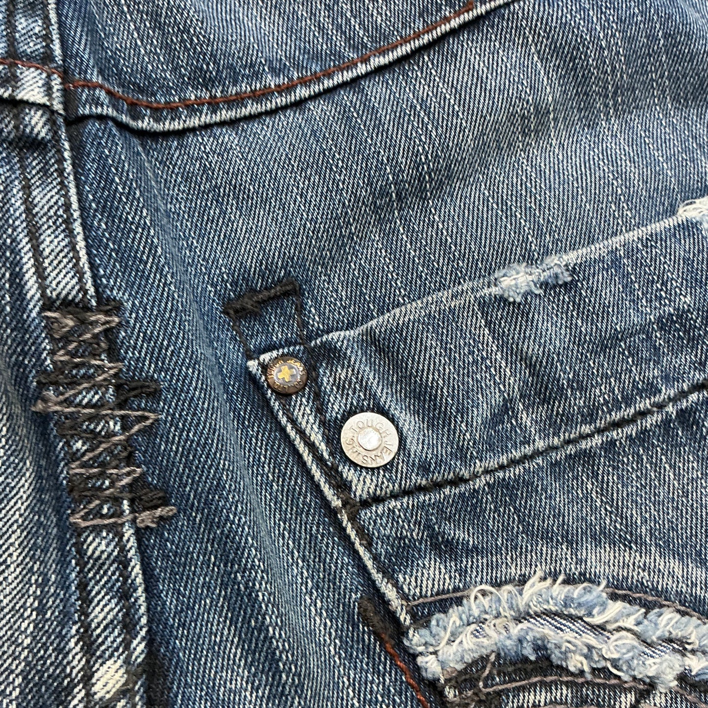 TOUCH Jeansmith Distressed Denim 9/10 Length Pants with 3D Pocket & Red Waistband