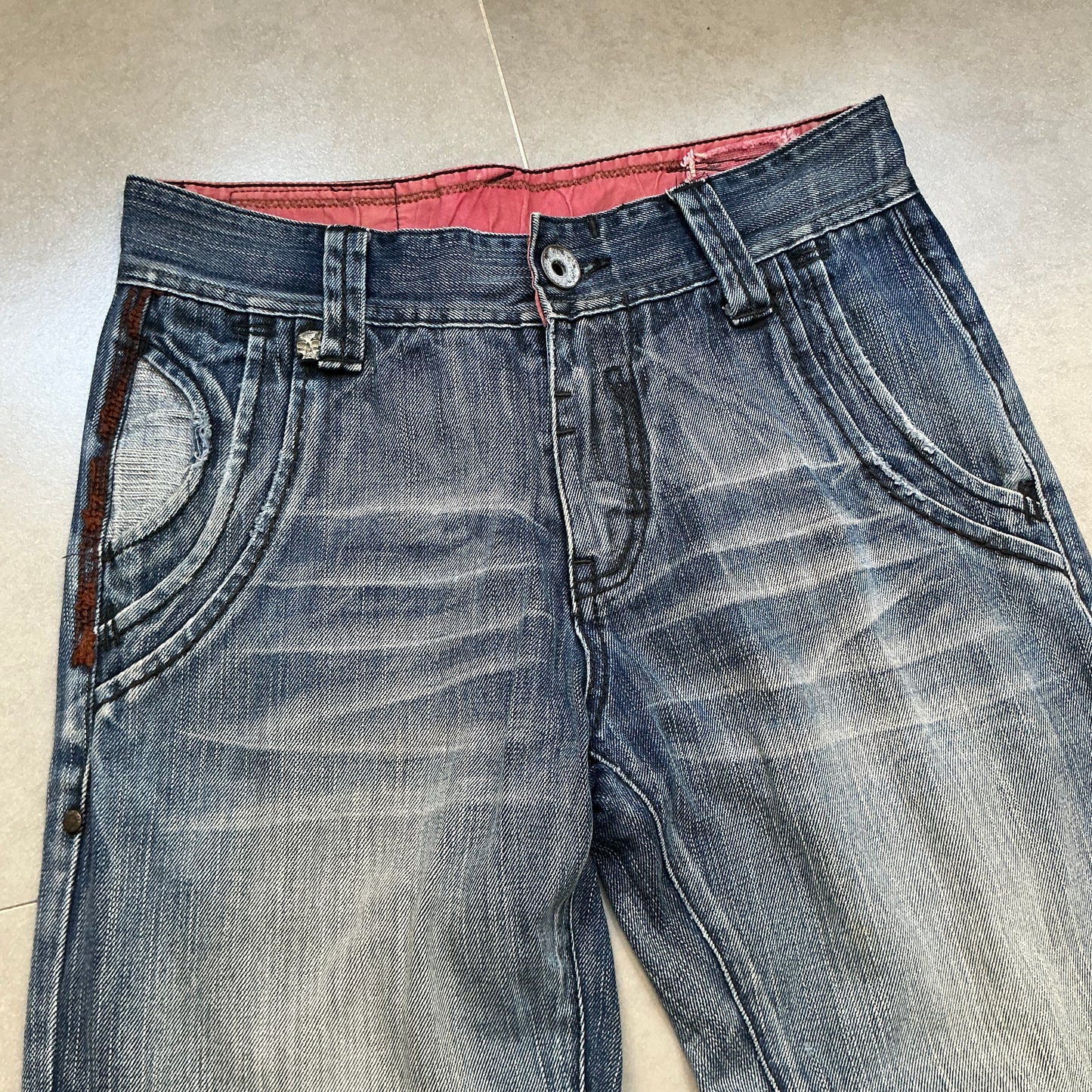 TOUCH Jeansmith Distressed Denim 9/10 Length Pants with 3D Pocket & Red Waistband