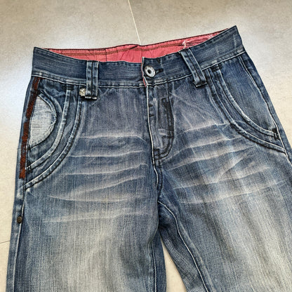 TOUCH Jeansmith Distressed Denim 9/10 Length Pants with 3D Pocket & Red Waistband