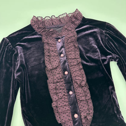Polka Dot Ruffle Trim Velvet Shirt