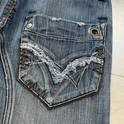 TOUCH Jeansmith Distressed Denim 9/10 Length Pants with 3D Pocket & Red Waistband