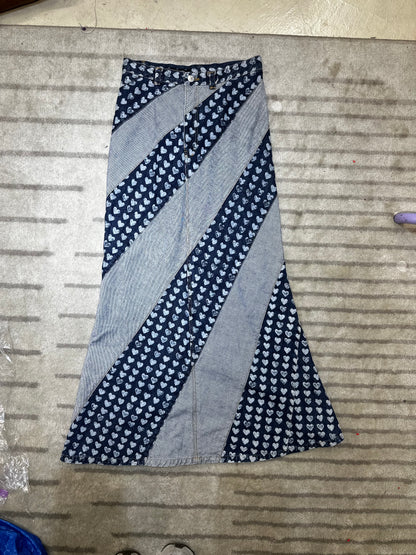 1990s Ozone Community Distressed Heart Print Denim Maxi Skirt