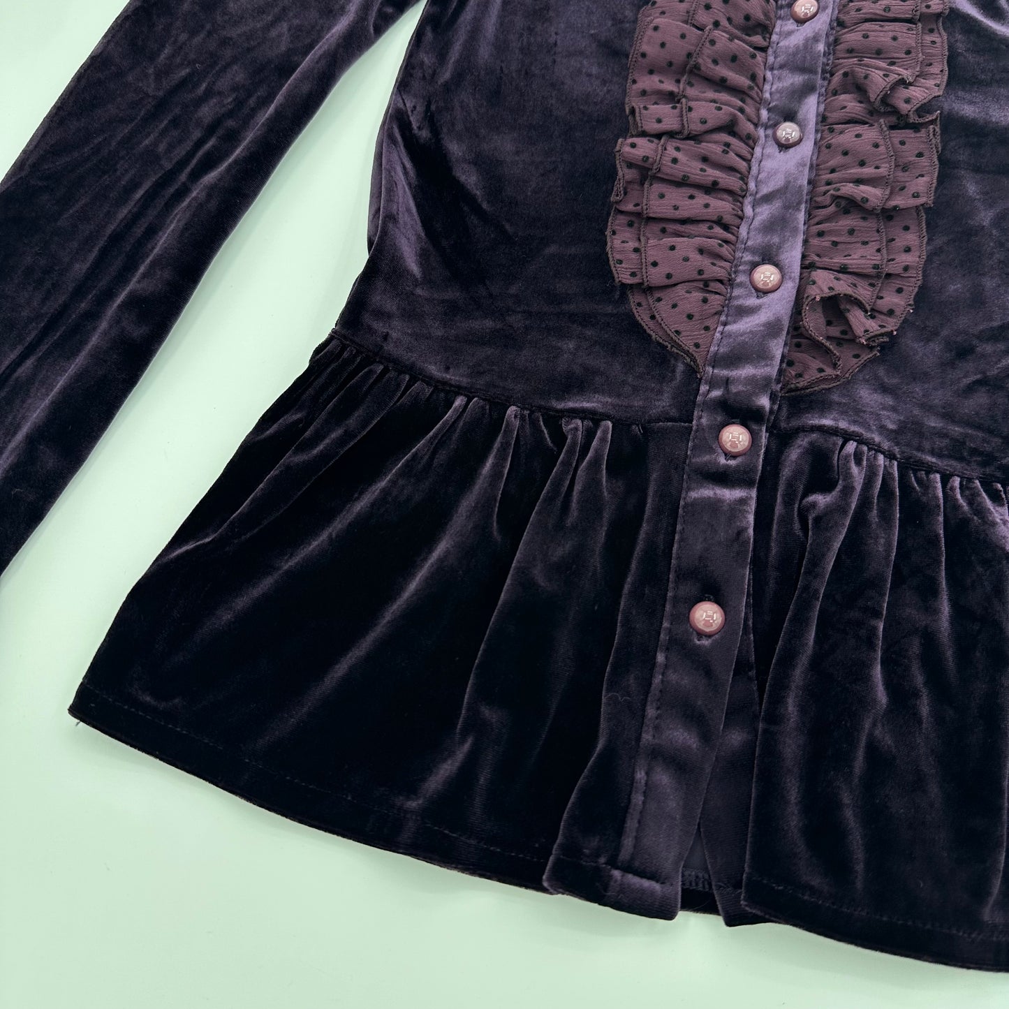 Polka Dot Ruffle Trim Velvet Shirt