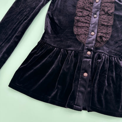 Polka Dot Ruffle Trim Velvet Shirt