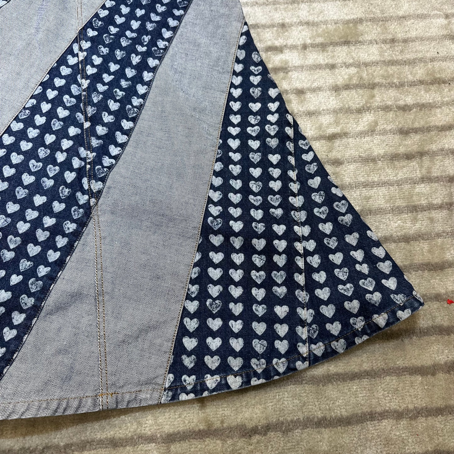 1990s Ozone Community Distressed Heart Print Denim Maxi Skirt
