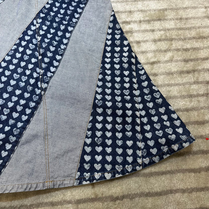 1990s Ozone Community Distressed Heart Print Denim Maxi Skirt