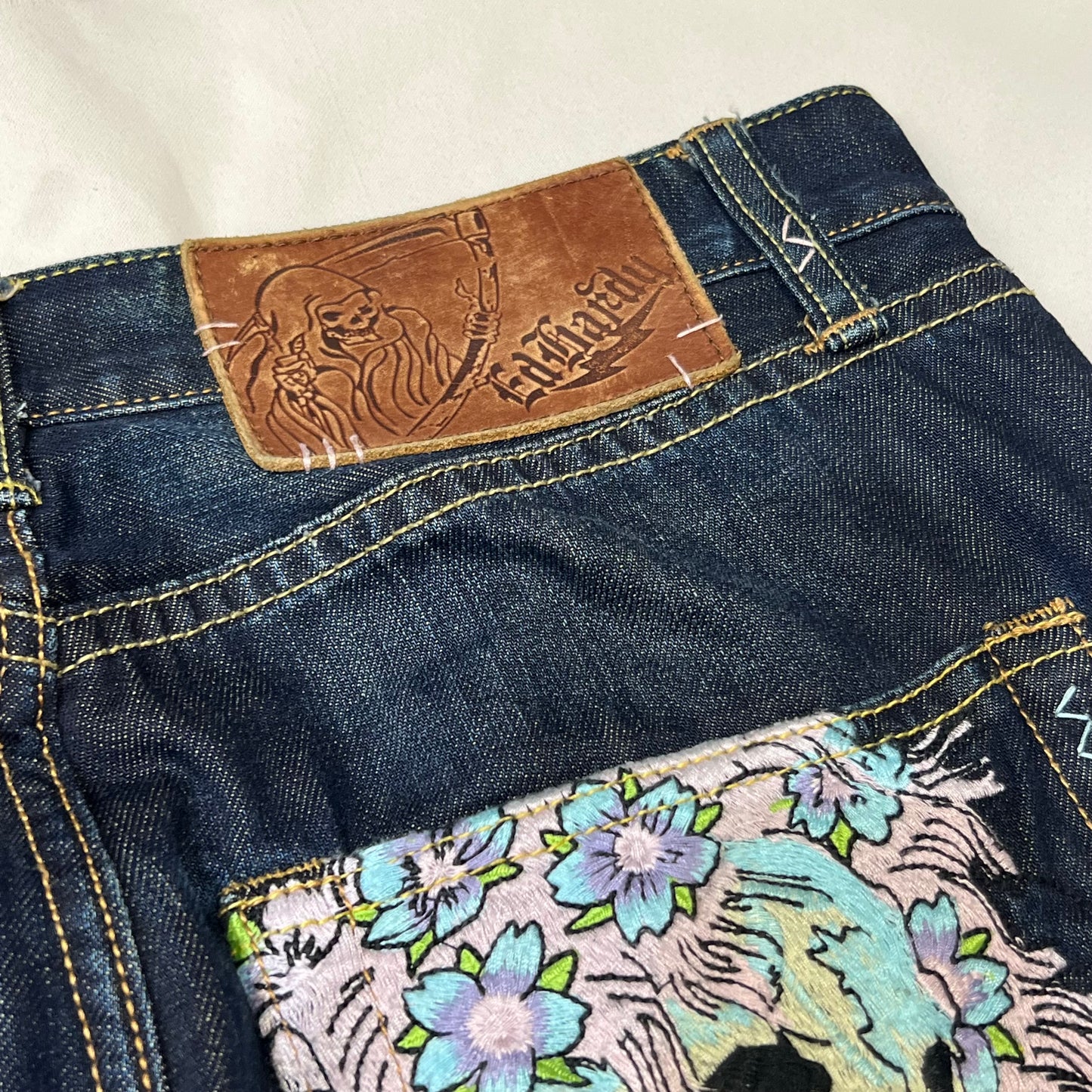 00s Ed Hardy Sakura Skull Embroidered Baggy Jeans