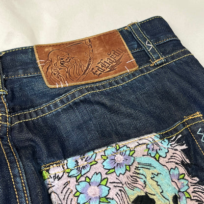00s Ed Hardy Sakura Skull Embroidered Baggy Jeans