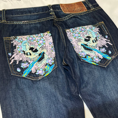 00s Ed Hardy Sakura Skull Embroidered Baggy Jeans