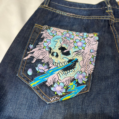 00s Ed Hardy Sakura Skull Embroidered Baggy Jeans