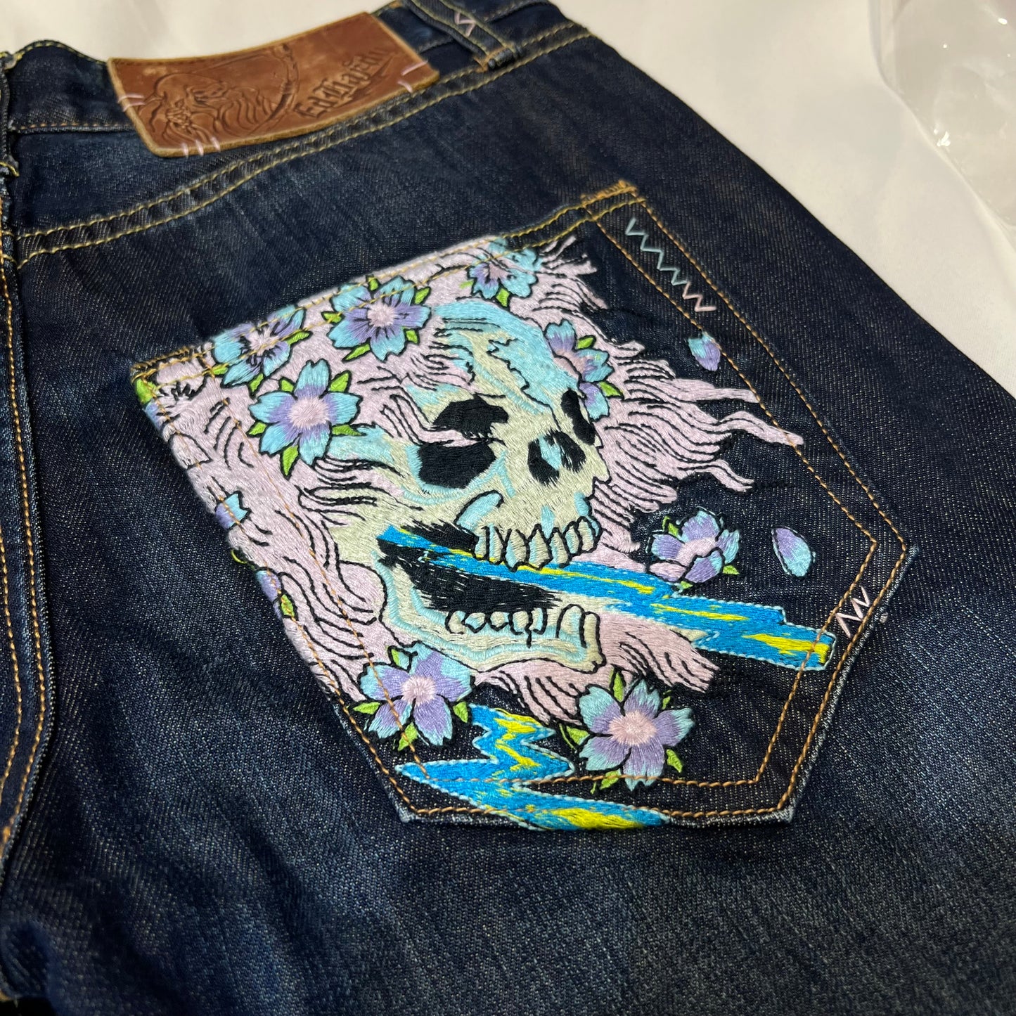 00s Ed Hardy Sakura Skull Embroidered Baggy Jeans