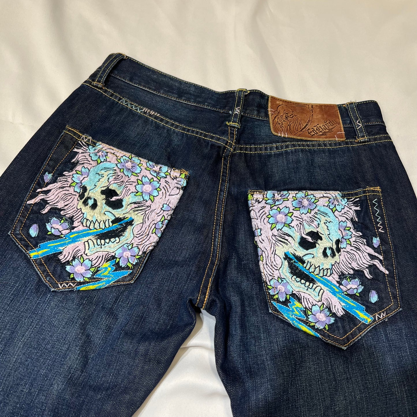 00s Ed Hardy Sakura Skull Embroidered Baggy Jeans
