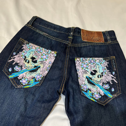 00s Ed Hardy Sakura Skull Embroidered Baggy Jeans