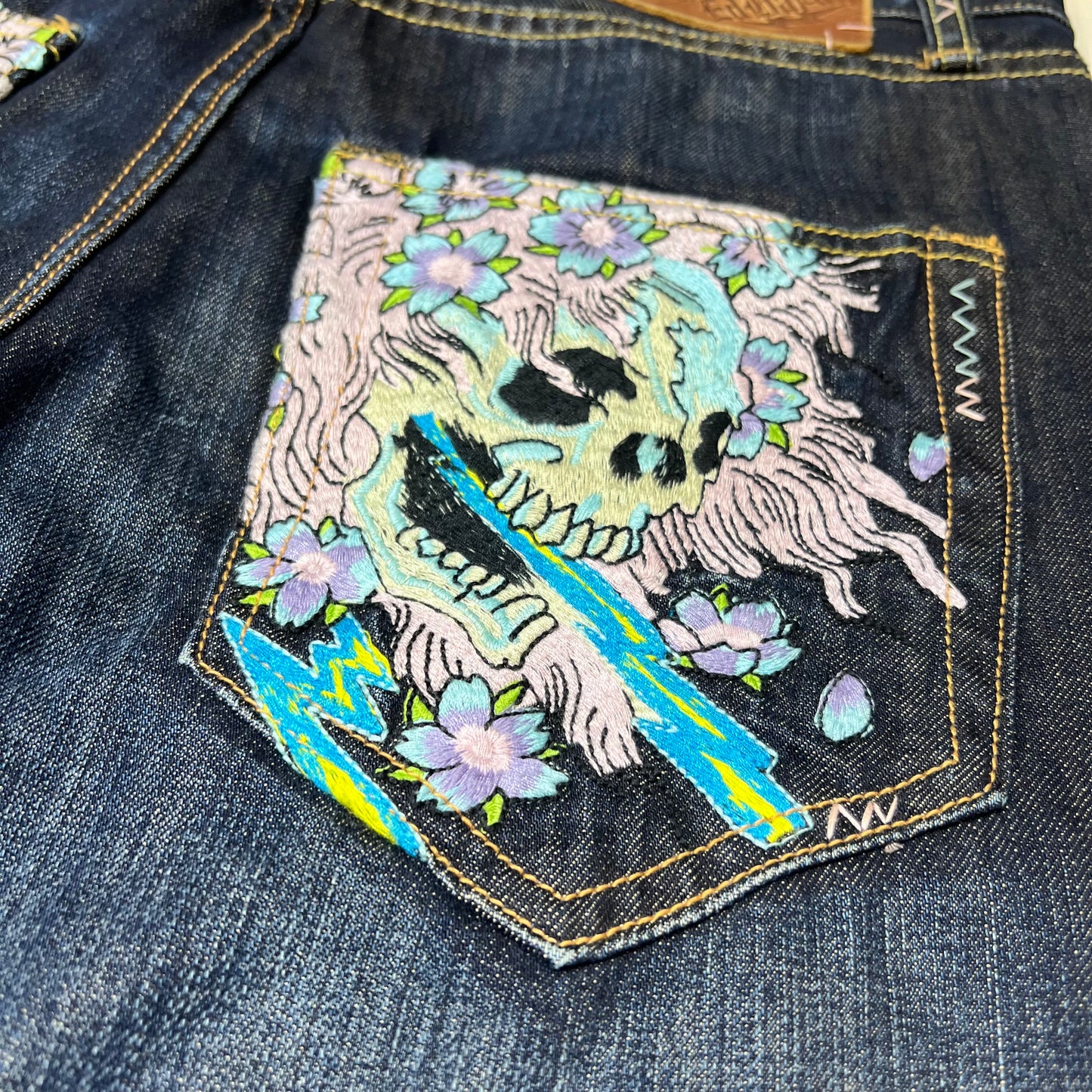 00s Ed Hardy Sakura Skull Embroidered Baggy Jeans