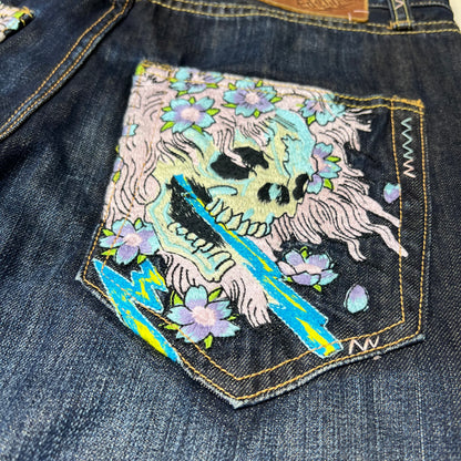 00s Ed Hardy Sakura Skull Embroidered Baggy Jeans