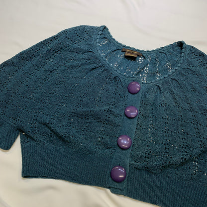 Openwork Knit Puff Sleeves Cardigan