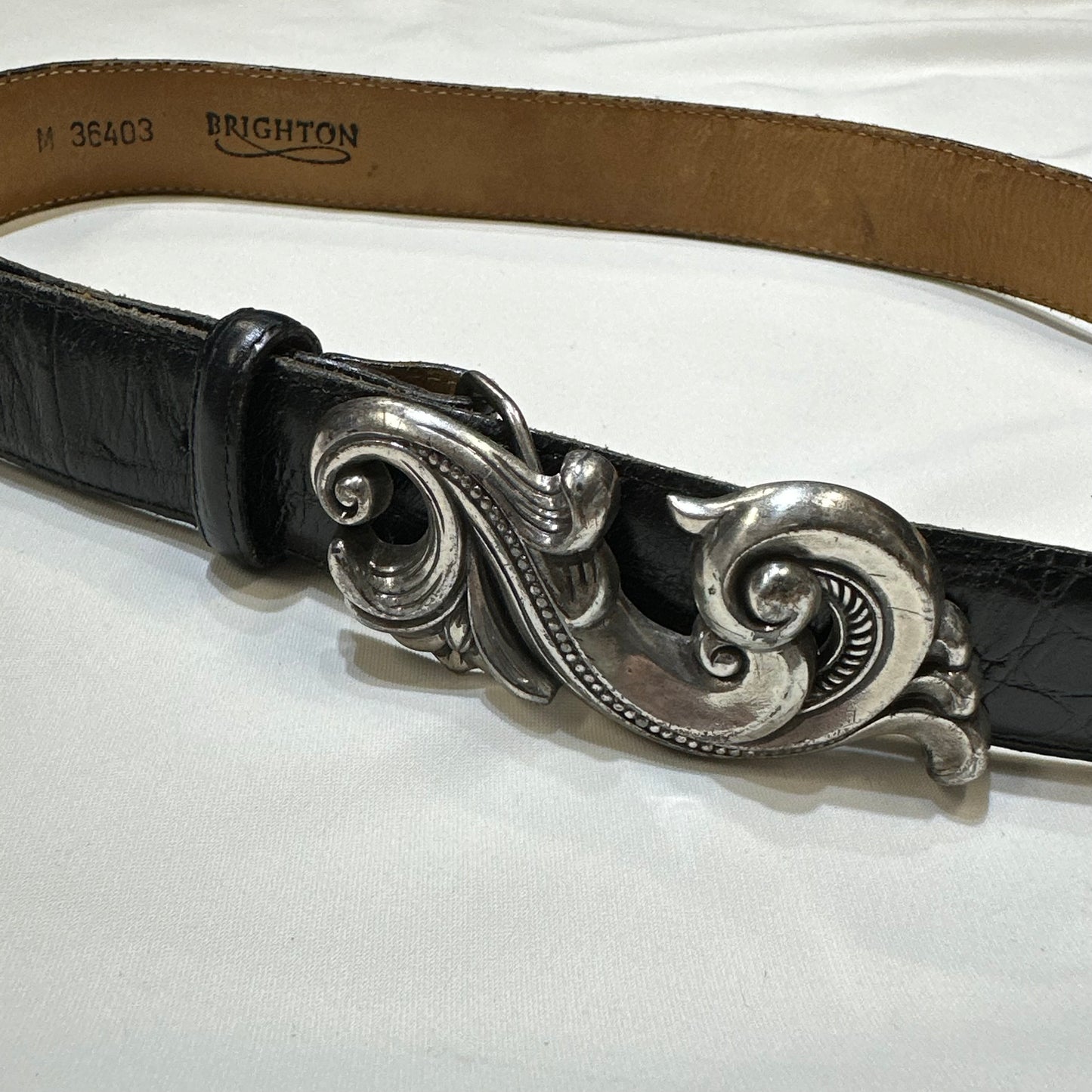 1995 Brighton Ornate Scroll Buckle Croc-Embossed Leather Belt