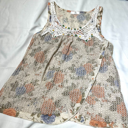 Beadeded Neckline Floral Knit Tank Top