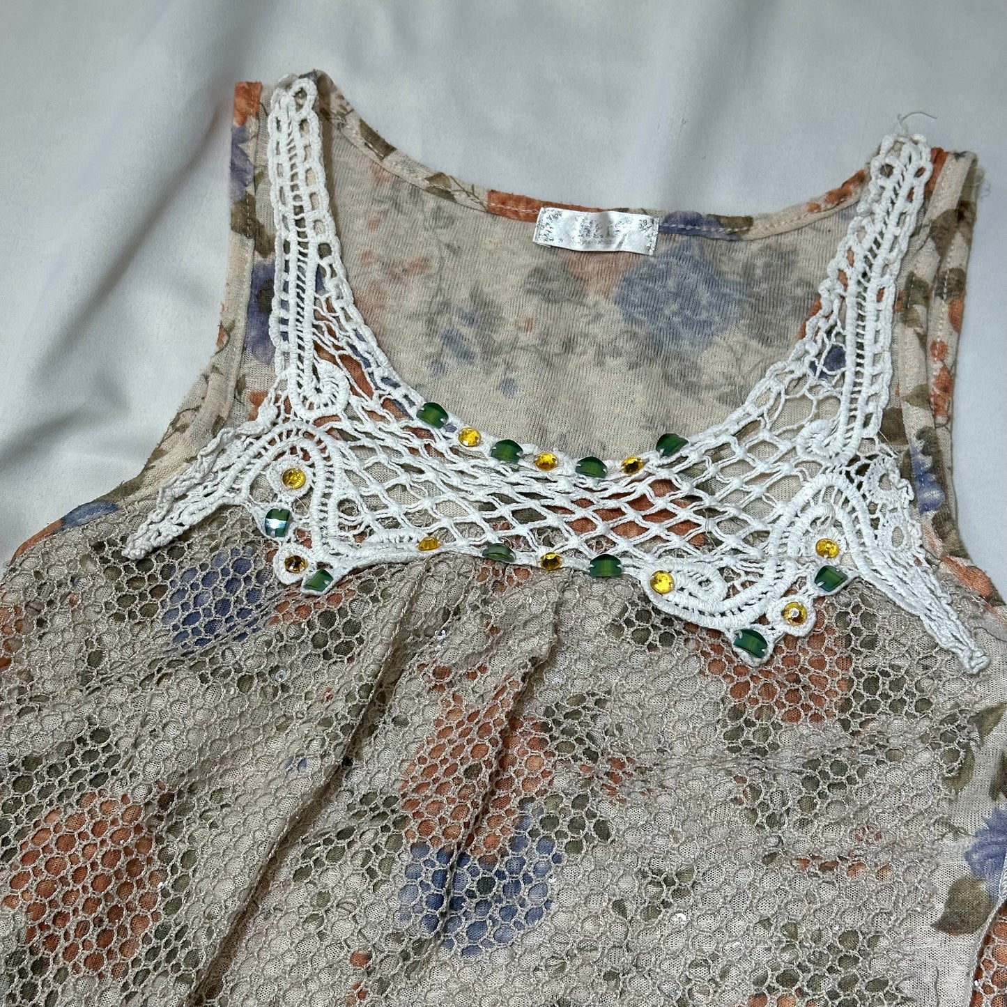 Beadeded Neckline Floral Knit Tank Top