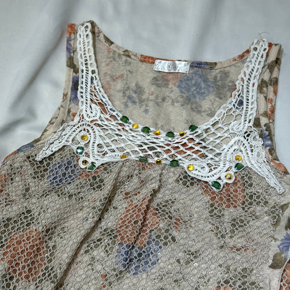 Beadeded Neckline Floral Knit Tank Top