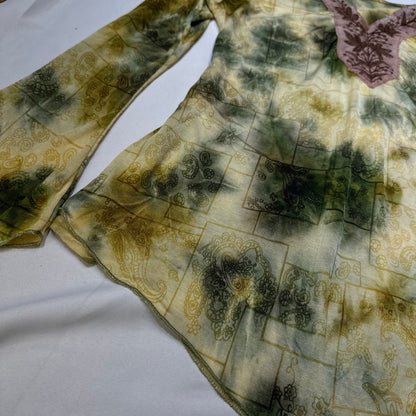 Embroidered V-neck Tie Die Long Sleeves Top