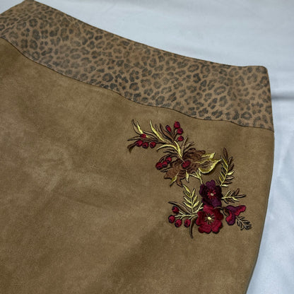Floral Embroidery & Suede Midi Skirt