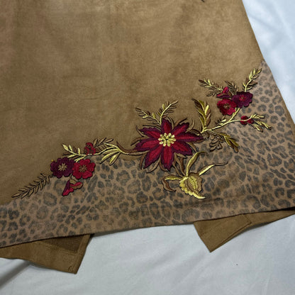 Floral Embroidery & Suede Midi Skirt