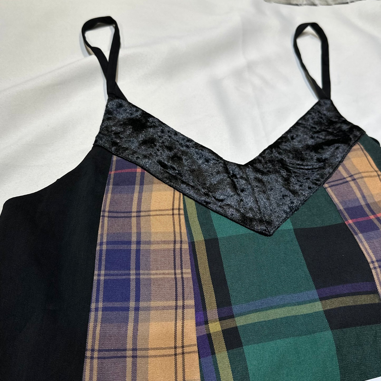 Plaid Patchwork A-line Velvet Trim Dress