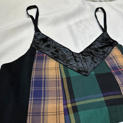 Plaid Patchwork A-line Velvet Trim Dress